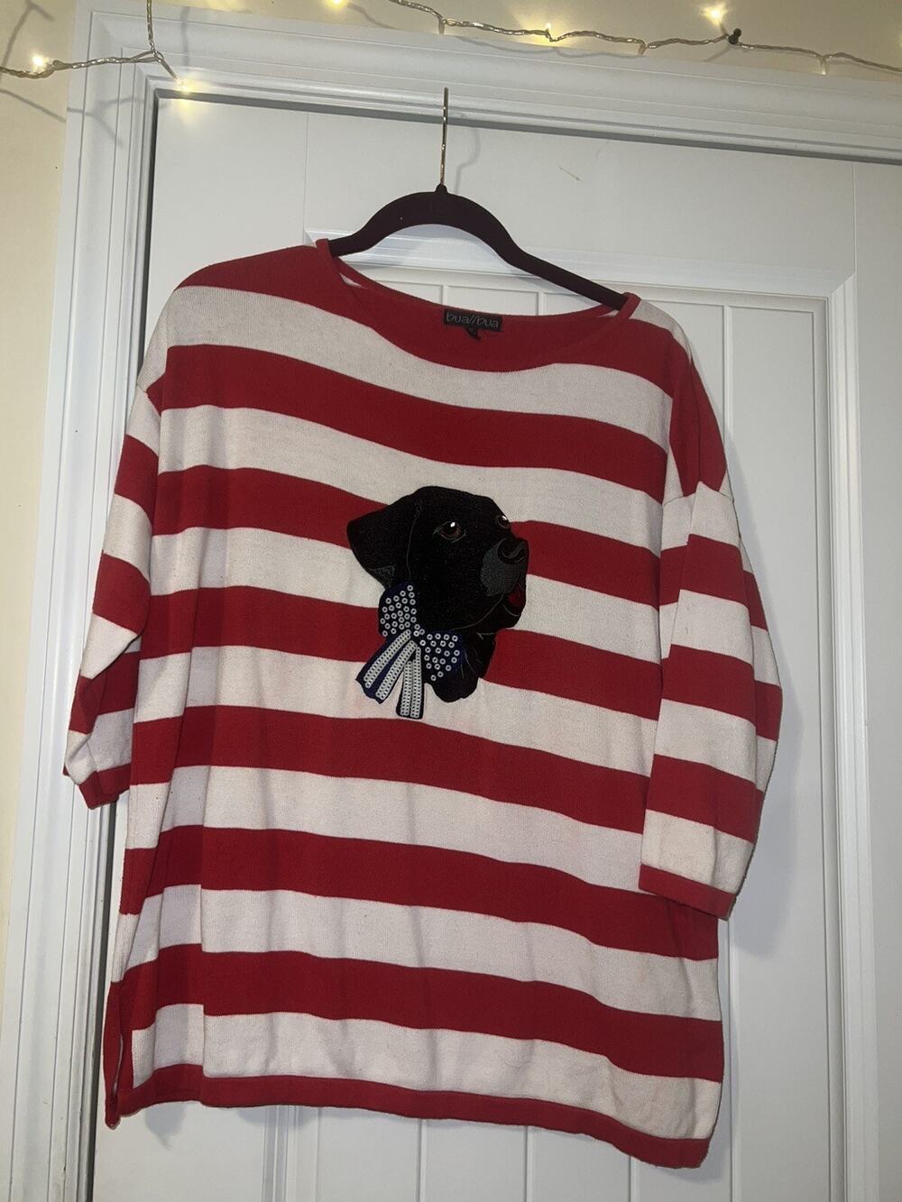 Bua Bua Top Womens Size XL Red White Striped Dog Graphic 3/4 Sleeve Cotton